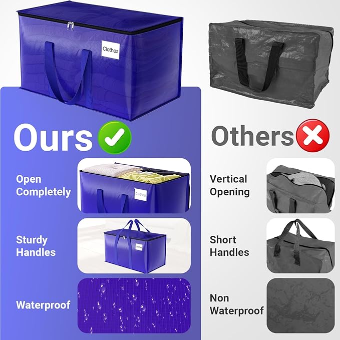 Moving Storage Bags, Moving Supplies Packing Boxes for Moving, Camping, College Dorm Room Essentials for Girls, Blue Tote Bags, Heavy-Duty Storage Bins With Lids And Zippers, 125L 8Pack