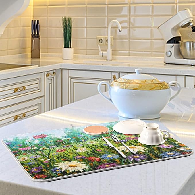 Absorbent Dish Drying Mat for Kitchen Counter - Oil Painting Flowers Microfiber Drying Pad, Reversible Drainer Mats for Countertop, Small 16" x 18"