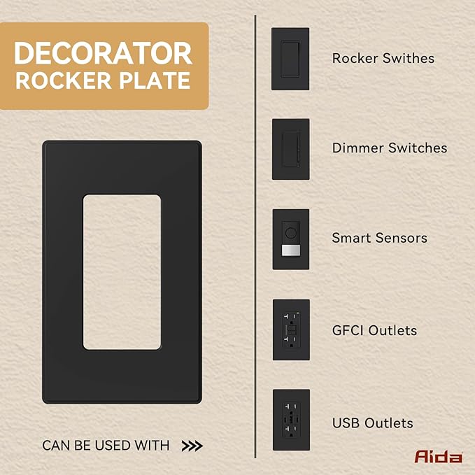 AIDA 1-Gang Screwless Decorative Wall Plates, Standard Size Unbreakable Thermoplastic Faceplate Cover for Decorator Receptacle Outlet Switch, UL Listed (4 Pack, Matte Black)