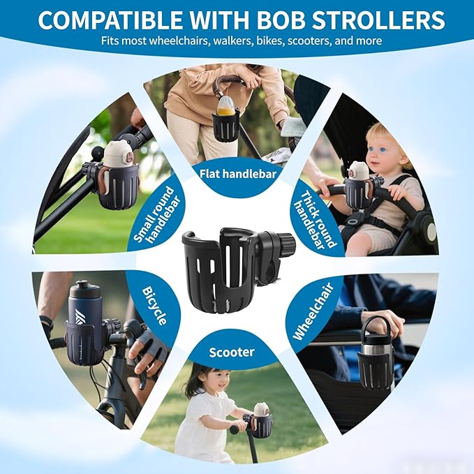 Stroller Cup Holder Compatible with Bob, Clip on Cupholder Attachment for Stroller, Cup Holder with Adjustable Clamp, Fits Most Cups, for Wheelchair, Walker, Bike, Scooter, Black