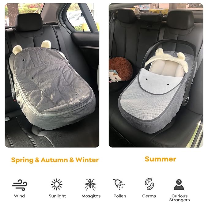 Car Seat Cover for Babies,Infant Carseat Cover Canopy Baby Car Seat Cover Universal Fitted Winter Autumn Spring Carseat Cover for Boy Girl Newborn,with Mesh Cover,Warm Breathable-Grey