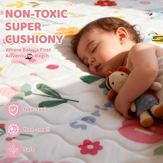 Baby Play Mat for Floor, 50'' x 50'' Thicken Foam Soft Padded Mat for Baby, Playpen Mat for Toddlers Infant Kids, Machine Washable, Non-Slip Bottom Safe for Crawling (Flower)