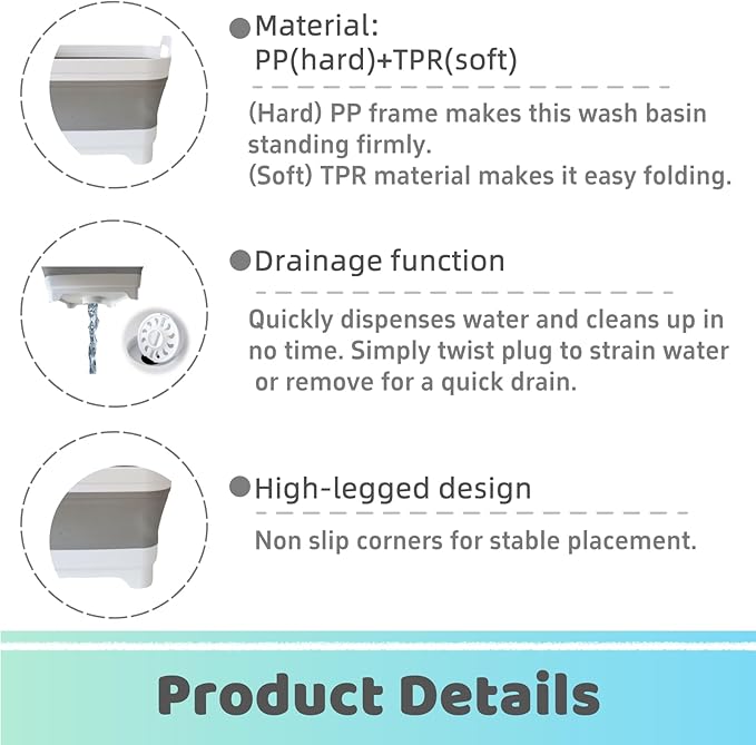 GIMWA Collapsible Wash Basin with Drain Plug - 2.4 Gallon Foldable Kitchen Sink for Baby Bottles, RV Camping, Space-Saving Dish Tub (Gray-Pink)