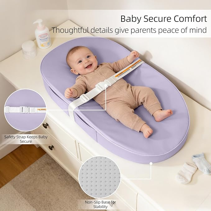 Baby Changing Pad, Waterproof Vegan Leather Wipeable Diaper Changing Pad with Safety Strap Non-Slip Changing Mat for Dresser & Table
