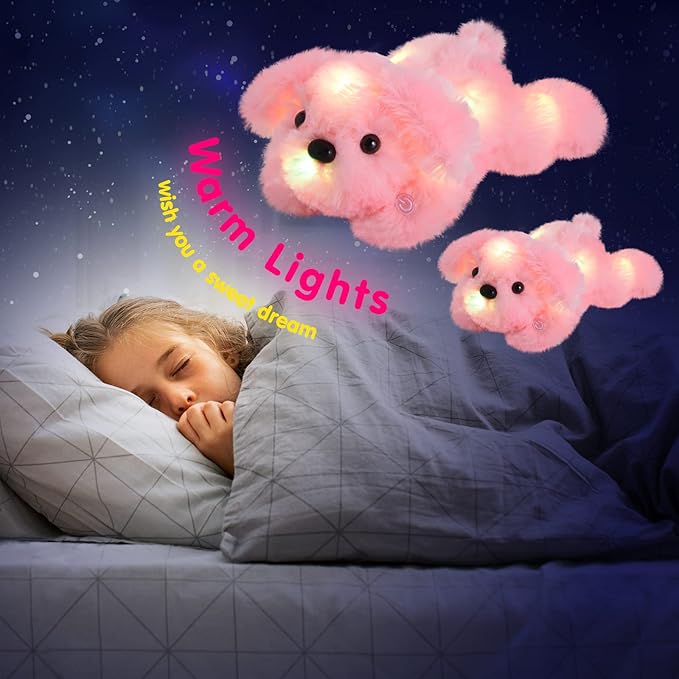 WEWILL 10'' Light up Pink Puppy Dog LED Stuffed Animal with Colorful Night Light Glow Soft Plush Toy Gifts for Kids on Christmas Birthday