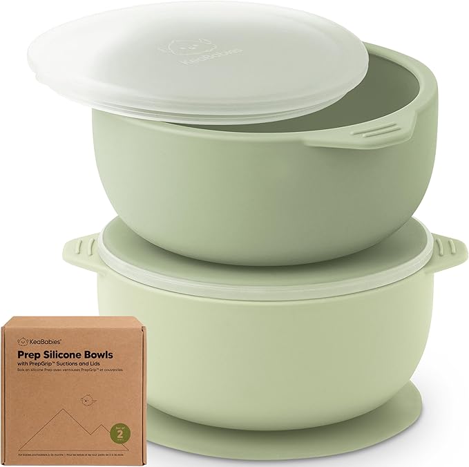 KeaBabies 2-Pack Baby Bowls with Suctions, Lids - Silicone Toddler Suction Bowls for Baby Boy, Girl, Kids, Food Grade Silicone, BPA-Free, Dishwasher Safe, Toddler Eating Essentials (Sage)