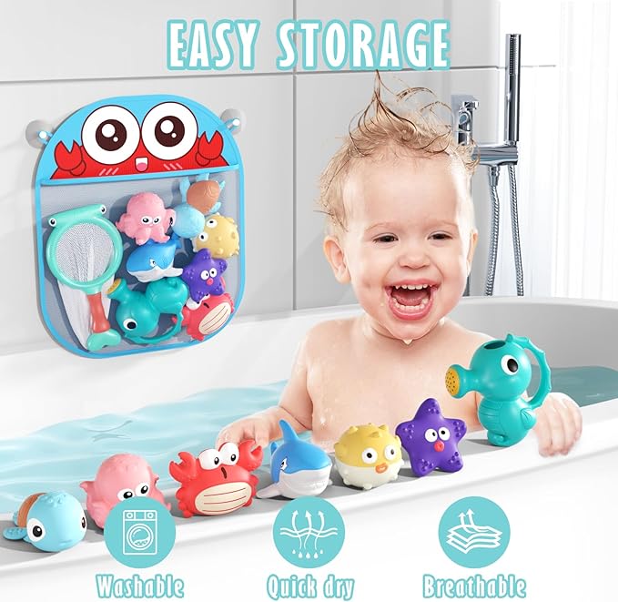 Mold Free Bath Toys for Toddlers, No Hole Baby Bath Toy Set with Storage Bag, Ocean-Themed Bathtub & Pool Toys for Infants 6-12 Months and Kids Ages 1-3, 2-4 & 3-5