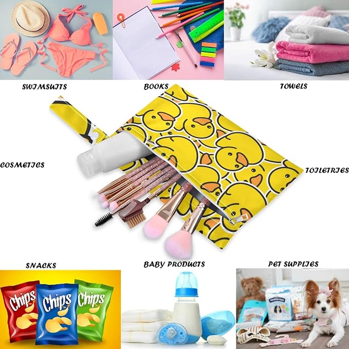 visesunny Cute Yellow Duck Cartoon Animal 2Pcs Wet Bag with Zippered Pockets Washable Reusable Roomy for Travel,Beach,Pool,Daycare,Stroller,Diapers,Dirty Gym Clothes, Wet Swimsuits, Toiletries