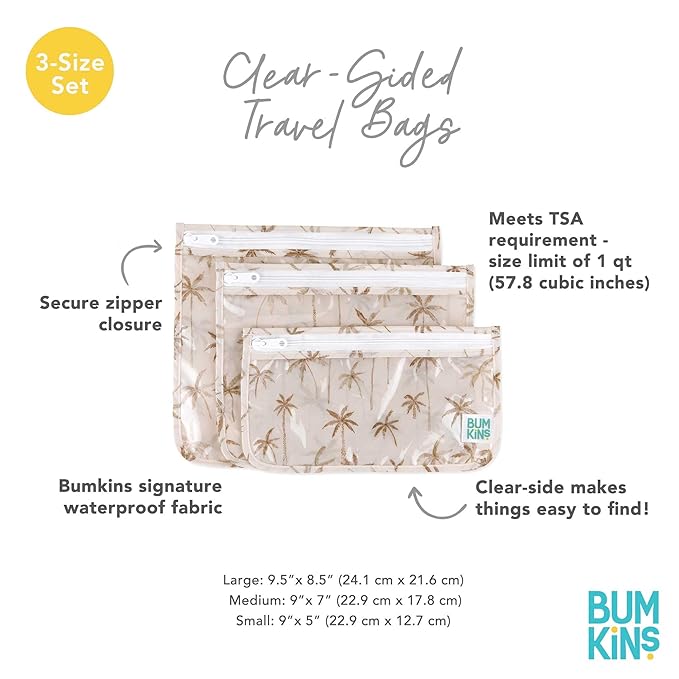 Bumkins Travel Bag, Toiletry, TSA Approved Pouch, Zip Bag, Quart Size Airline Compliant, Clear-Sided, Baby, Diaper Bag Organization, Makeup, Accessories, Packing, Set of 3 Sizes, Palm Trees
