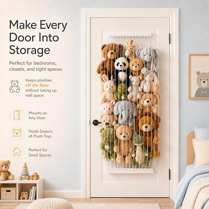 Stuffed Animal Storage Wood Soft Toy Storage for Kids Room，Wall Mount Door Hanging Stuffed Animal Toy Organizer Shelf for Nursery Play Room White -Patent