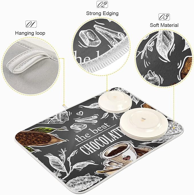 Absorbent Dish Drying Mat for Kitchen Counter - Coffee the Best Chocolate Microfiber Drying Pad, Reversible Drainer Mats for Countertop, Small 16" x 18"