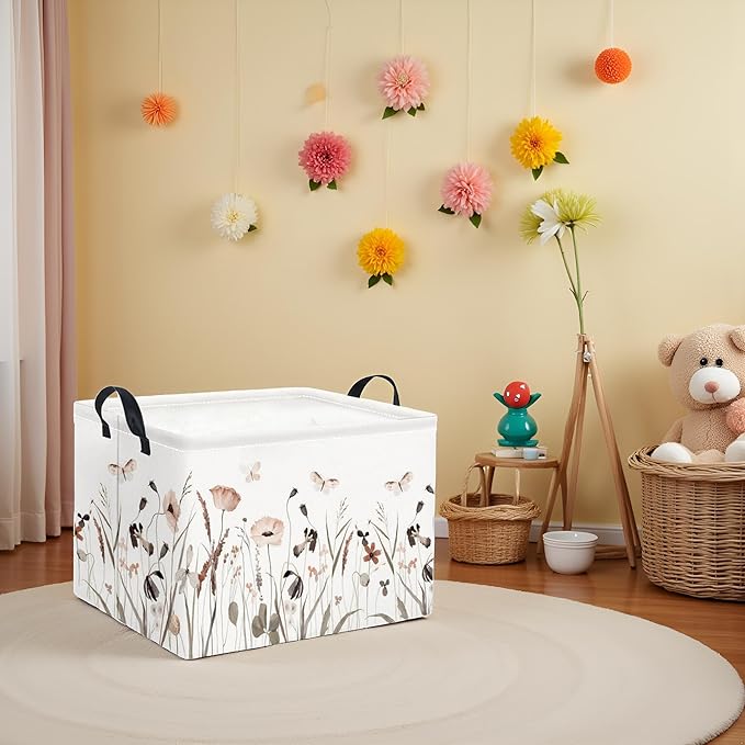 TIBAOLOVER Rectangular Kids Storage Bin Gift Basket Baby Organizer Shelf Book Basket Room Decor(Flower Butterfly)