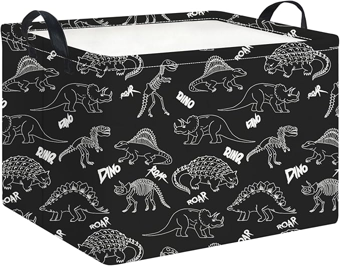HKEC Rectangle Storage Basket with Handles,Collapsible Storage Bin,Books Box,Gift Basket(Black Line Dinosaur)