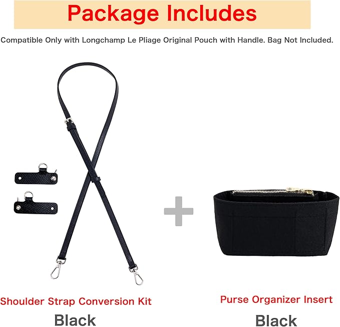 Mini Bag Organizer with Genuine Leather Crossbody Strap Conversion Kit, Compatible with Longchamp Mini Bag – Inner Liner Insert + Strap Kit Set, Black+Black