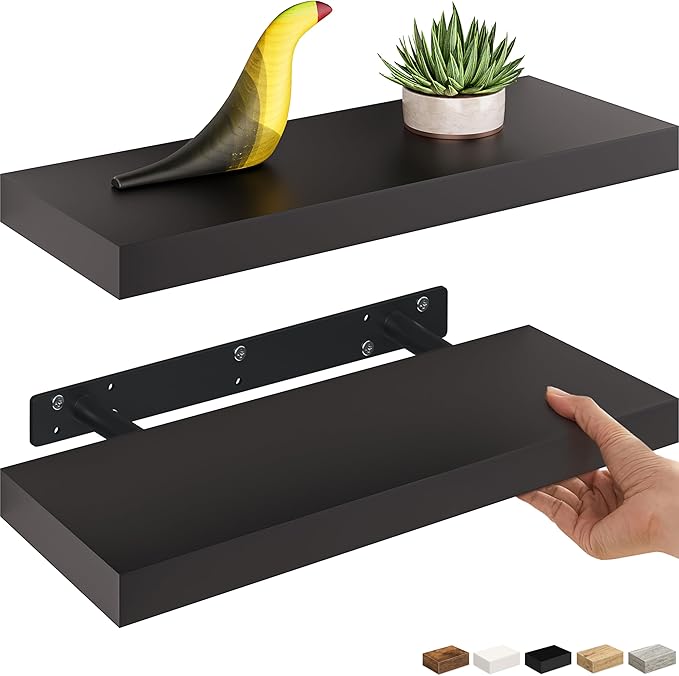 Ballucci Floating Shelves, 2-Pack 16" Wood Wall Shelf Set with Invisible Brackets for Bathroom, Living Room, Bedroom, Kitchen, Nursery, 6" Deep, Black