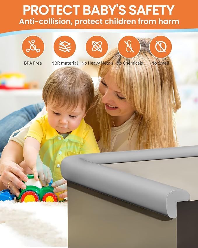 QYV Baby Proof Edge Corner Protector, 6.56FT 0.47''Th L-Shape Furniture Corner & Edge Safety Bumpers with 6 Corners, Pre-Taped, Soft NBR Rubber Foam Desk Edge Cushion Wall Corner Protector（Grey）