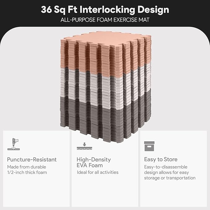 BalanceFrom Foam Floor Tiles for Kids - Non-Toxic Comfortable Baby Play Mat and Interlocking Foam Tiles for Crawling & Development, Soft Play Mat for Babies, 36 Tiles Cover 36 SQ SF