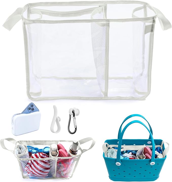 Clear Beach Bag Organizer Insert with 3pcs Accessories for Medium Bogg Bag Inserts -Beach Tote Bag Divider with Sunglasses Holder, Phone Holder and Clips Hooks - Beach Tote Insert Organizer Liner