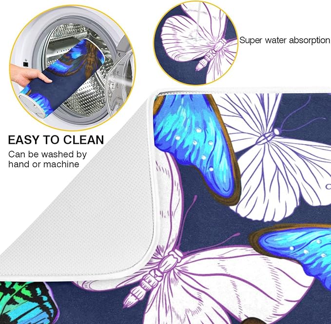 Absorbent Dish Drying Mat for Kitchen Counter - Blue Butterfly Microfiber Drying Pad, Reversible Drainer Mats for Countertop, Small 16" x 18"