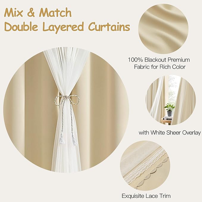 XiDi Beige Curtains with Sheer Overlay for Bedroom 100% Blackout Curtains 84 Inches Long for Living Room 2 Panels Light Block Soundproof Mix and Match Double Layer Window Drapes Grommet W52 x L84