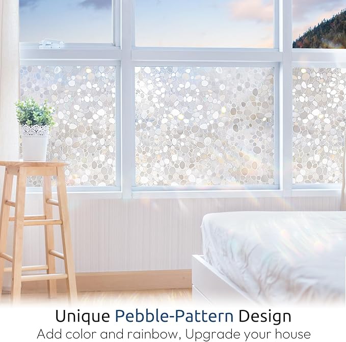 rabbitgoo Window Privacy Film, Decorative Rainbow Window Clings for Glass Covering, Static Cling Non Adhesive Door Stickers UV Blocking, Stained Glass Vinyl Decal, 3D Pebble, 11.8 x 78.7 inches