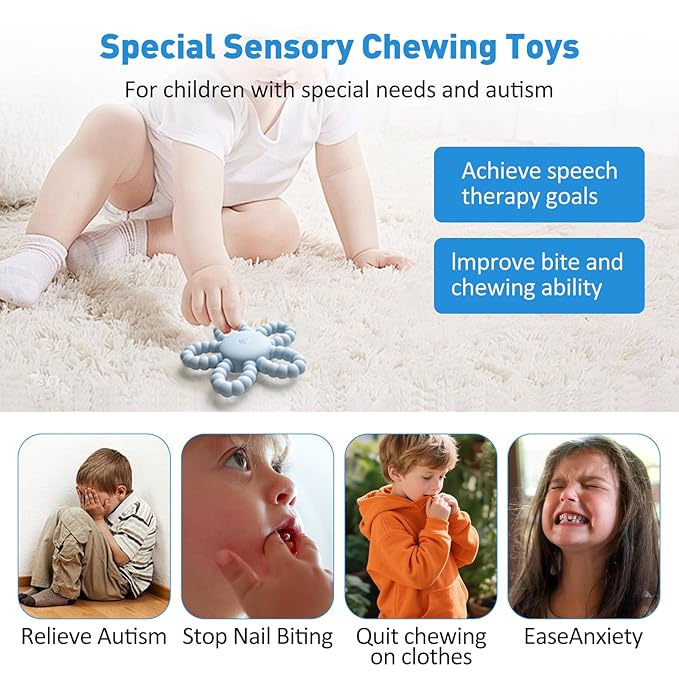 Vibrating Sensory Chew Toy, Vibrating Teether for Baby, Silicone Children Teething Toy for Babies 6-12 8-18 Month, USB Chargeable &3X Vibration Travel New Years Gift for Kid with Autism Toddler