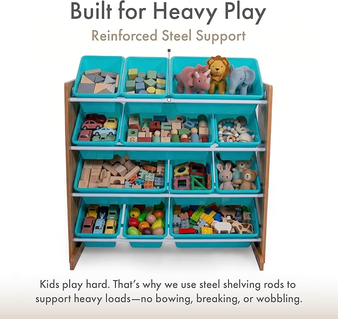 Humble Crew Toy Storage Organizer with 12 Removable Storage Bins for Kids Playroom, 4-Tier Toddler Toy Organization, Natural Wood/Aqua