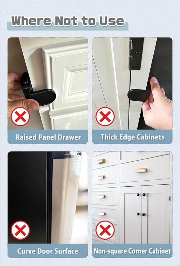 Maveek Baby Proofing Drawers, 4 Pack Child Proof Locks For Corner Drawer Thinner Door Cabinet Kitchen Cupboard Dresser Fridge, Childproof Furniture Latch For 0-12 month Infant (Black)