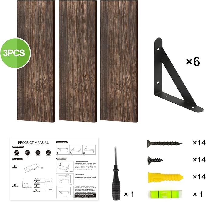 Fixwal Floating Shelves for Wall, Wood Wall Mounted Shelves for Bedroom, Bathroom, Living Room, Kitchen Storage and Decor(Brown, Set of 3, 16.5 Inch)