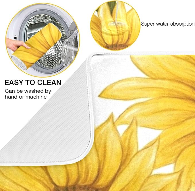 Absorbent Dish Drying Mat for Kitchen Counter - Yellow Sunflower Microfiber Drying Pad, Reversible Drainer Mats for Countertop, Large 18" x 24"