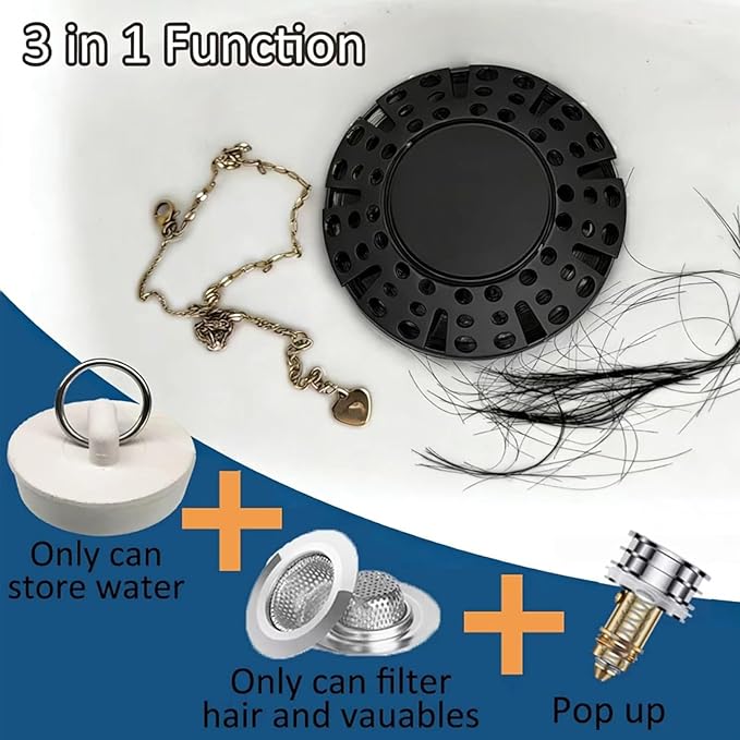 AzWzz Bathtub Drain Stopper, Pop Up Tub Stopper Plug with Bathtub Drain Hair Catcher Cover, Universal for 1.45 in to 1.8 in Tub Drain, Matte Black