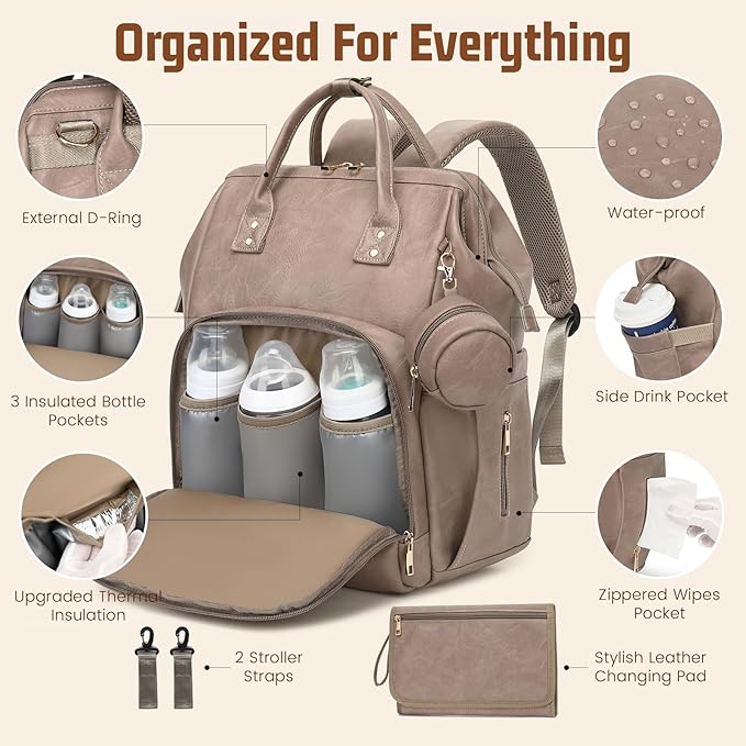ROSEGIN Premium Vegan Leather Diaper Bag Backpack with Waterproof Changing Pad – Reinforced Stitching & Zippers, Baby Bag for Boy Girl, Stroller Straps, Ergonomic Design for Traveling Moms, Taupe