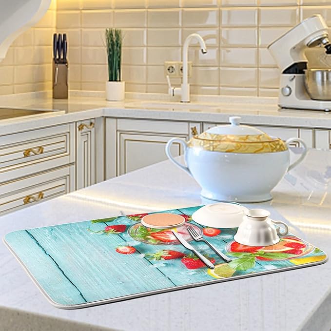 Absorbent Dish Drying Mat for Kitchen Counter - Strawberry Blue Wooden Microfiber Drying Pad, Reversible Drainer Mats for Countertop, Small 16" x 18"