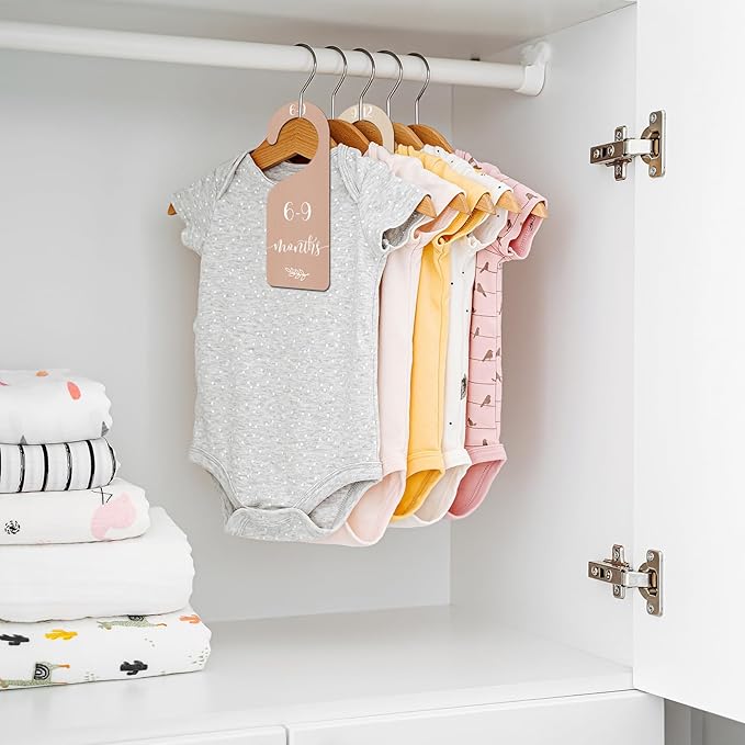 Whaline 7Pcs Boho Wooden Baby Closet Size Dividers with Pink Velvet Bag Newborn to 24 Month Thicken Infant Wardrobe Hanger Organizers for Home Nursery Party Gift Supplies