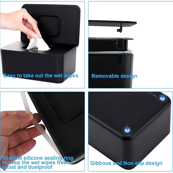 2 Pack LEQXGO Baby Wipes Dispenser, Wipes Dispenser Baby Wipes Case, Baby Wipe Holder for Fresh Wipes, Non-Slip Wipes Case, Wipe Container with Sealing Design Lid (Black and White)