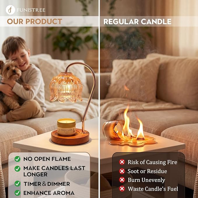 Funistree Candle Warmer Lamp Gift Set with 3 Jar Candles & Gift Box, Gifts for Women Mothers Day Birthday, Mom Sister Friend Gift, Lavender, Vanilla, Ebony, 2 Bulbs