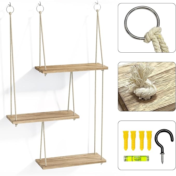 Fixwal Hanging Plant Shelves for Wall, 3 Tier Boho Wall Decor Plant Rack Floating Shelves Rope Rustic Wood Organizer Storage Hanger for Aesthetic Home Bedroom Kitchen Bathroom- Rustic Brown