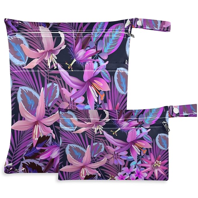 visesunny Tropical Purple Flower Palm 2Pcs Wet Bag with Zippered Pockets Washable Reusable Roomy for Travel,Beach,Pool,Daycare,Stroller,Diapers,Dirty Gym Clothes, Wet Swimsuits, Toiletries