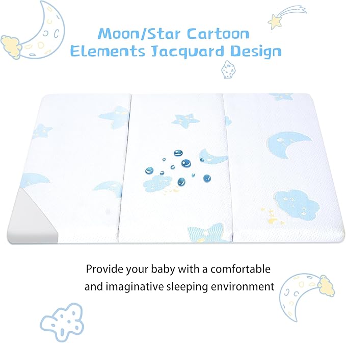Pack and Play Mattress Pad, Trifold Portable Crib Pack N Play Mattresses, 38 * 26" Inch Jacquard Playpen Mattress for Travel Soft Breathable Play Yard Mattress with Washable Cover (Moon/Star-Trifold)