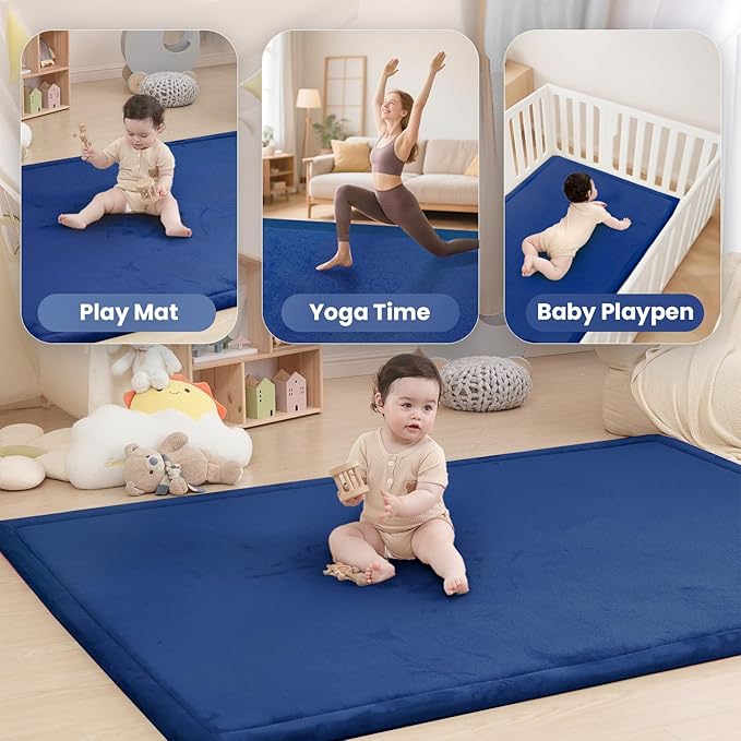 Extra Large 79"x118" Baby Activity Play Mat for Floor, 1.3" Thick Elasti Foam for Tummy Time & Crawling, Non-Slip Nursery Rug for Infants, Toddlers & Kids, Tatami Style Mat for Yoga, Living Room, Classroom & Playroom(Royal Blue)