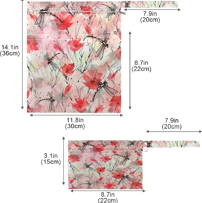 visesunny Red Poppy Peony Splash 2Pcs Wet Bag with Zippered Pockets Washable Reusable Roomy for Travel,Beach,Pool,Daycare,Stroller,Diapers,Dirty Gym Clothes, Wet Swimsuits, Toiletries