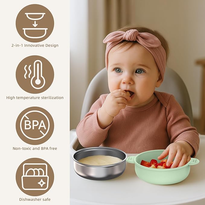 27 Pack Silicone Baby Feeding Set, Food Grade Silicone Baby LED Weaning Supplies, Include Suction Plates, Baby Bowls, Bibs, Fork & Spoon, Training cup with straw, 6 Months+(Brown, Blue, Green)