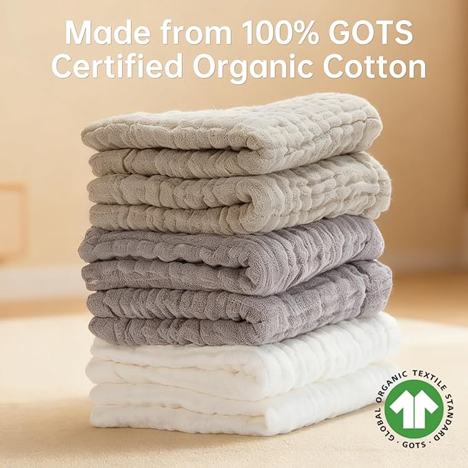 Bear Rocket Organic Muslin Baby Washcloths 6 Pack Baby Bath Face Towel 12x12 Inch Extra Absorbent and Soft Burp Cloth and Wash Cloths for Newborn-Infants On Sensitive Skin (White Grey Brown)