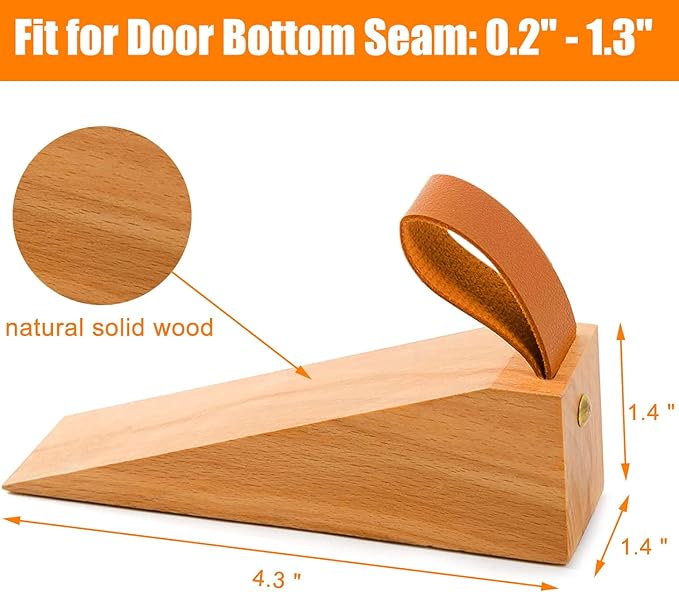 Wood Door Stopper, Solid Wooden Non-Slip Door Wedges, Sturdy and Durable Door Stop Wedge, Door Stopper Fit for Door Bottom Seam (0.2" - 1.3") 1 Pack