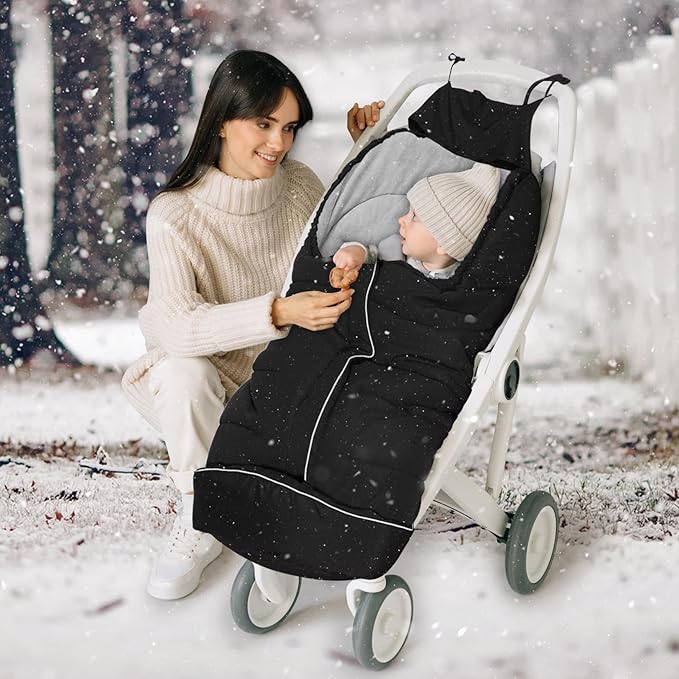 Universal Baby Footmuff for Strollers,Stroller Cover for Winter with Hooded Design,Waterproof and Windproof Winter Sleeping Bag with Coral Fleece Lining, Baby Bunting Bags for Most Strollers (BLACK)
