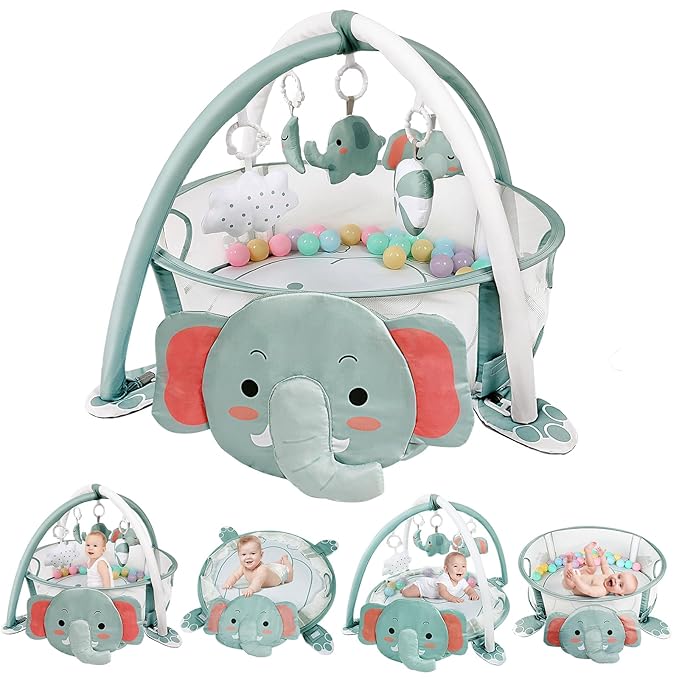 dearlomum 4-in-1 Baby Play Mat Baby Gym,Ball Pit Including 30 Balls for Newborn Toddler Boy & Girl Gifts(Elephant)