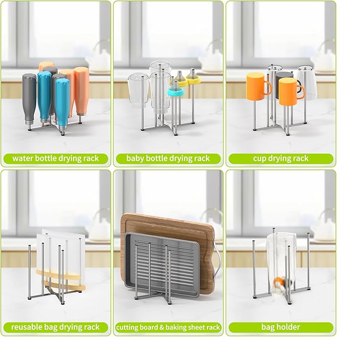 SHILFID Reusable Bag & Bottle Drying Rack, Baby Bottle Drying Rack, Collapsible Cup Drying Rack for Glass, Mugs -Stainless Steel Countertop Organizer