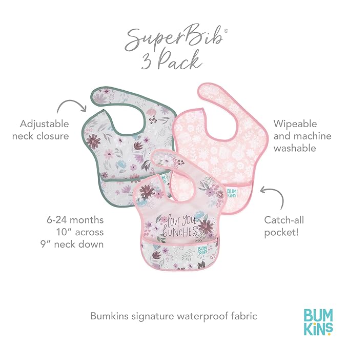Bumkins Bibs for Girl or Boy, SuperBib Baby and Toddler for 6-24 Months, Essential Must Have for Eating, Feeding, Baby Led Weaning Supplies, Mess Saving Catch Food, Fabric 3-pk Floral and Lace