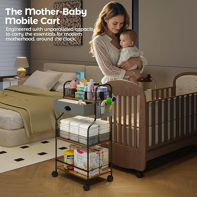 3-Tier Baby Diaper Caddy Cart Organizer with Drawer,Rolling Utility Cart & Bedside Nursery Essential Storage for Newborn Baby Stuff, 2+1 Divider, Baby Storage Organizer for Bedroom,Changing Table,Grib