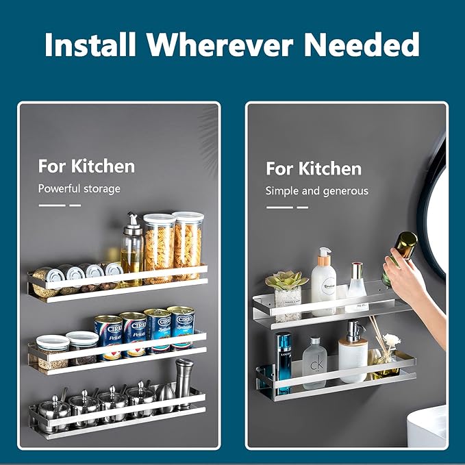 GEINIFAFA Rustproof Metal Storage Floating Shelves Wall Mounted Rectangular Shelf for Bedroom,Bathroom, Living Room, Kitchen, and Laundry Room,Nail-Free Wall-Mounted Shelves（11.8 Inch Silver）